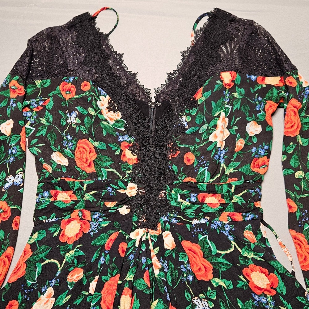 Anthropologie Floral Lace Mini Dress Womens 8 Black Long Sleeve V-Neck OB1592930